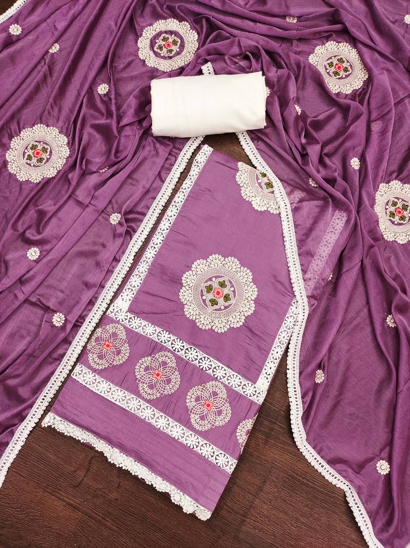 purple silk blend embroidered dress material