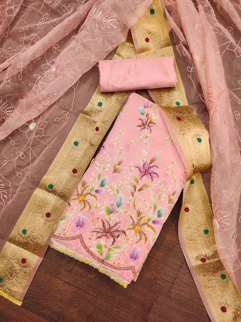 pink organza embroidered dress material