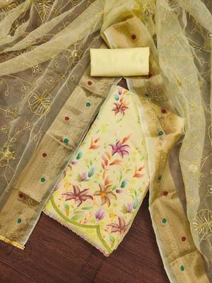 yellow organza embroidered dress material 1