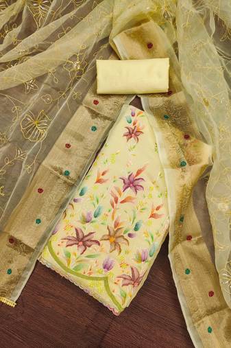 yellow organza embroidered dress material