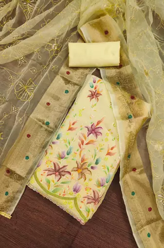 yellow organza embroidered dress material