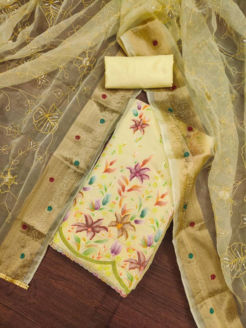 yellow organza embroidered dress material