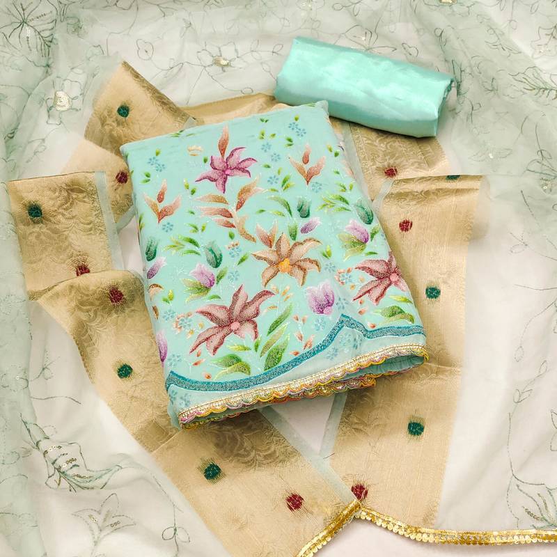 sea green organza embroidered dress material