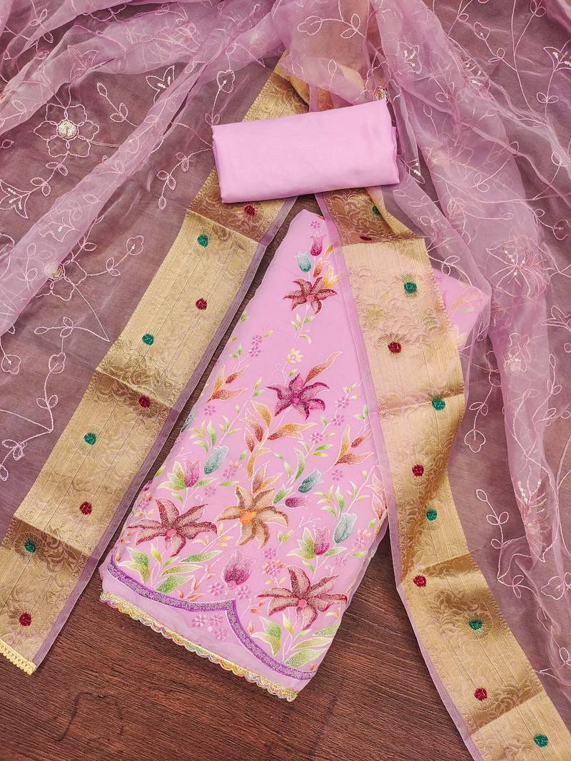 baby pink organza embroidered dress material