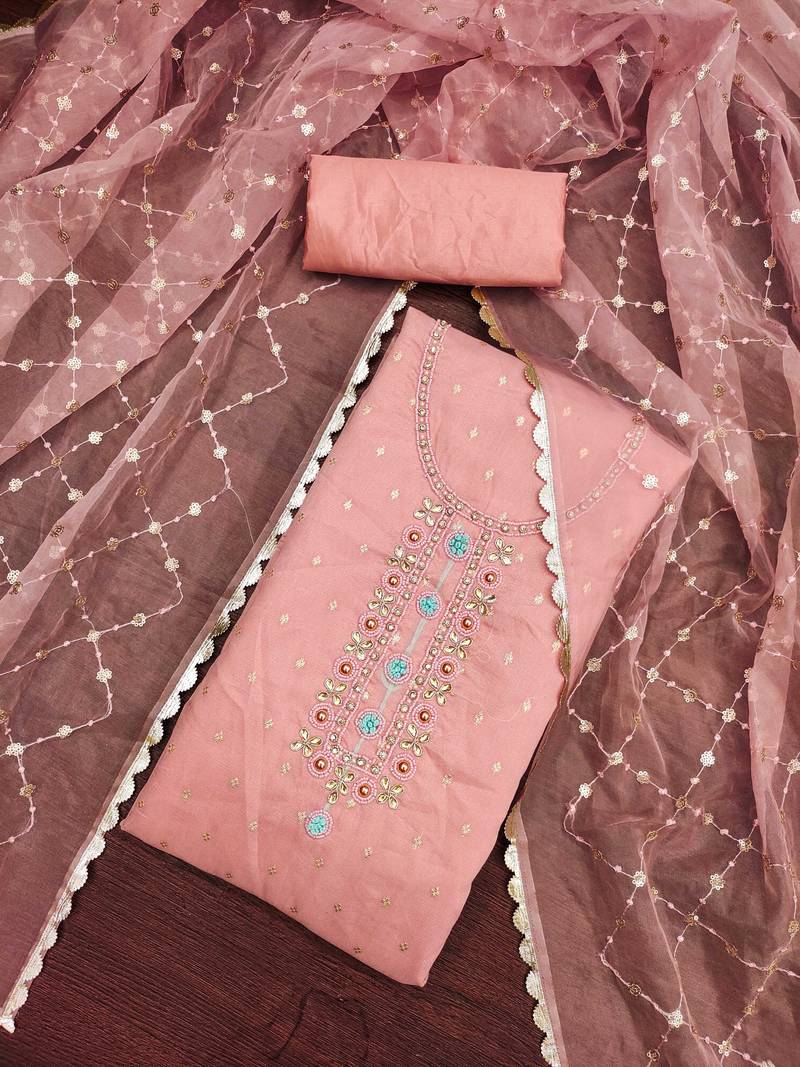 baby pink organza woven dress material