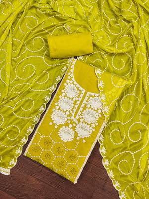 lime chanderi silk embroidered dress material 1