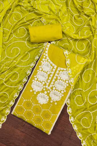lime chanderi silk embroidered dress material