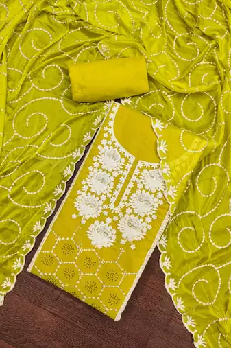 lime chanderi silk embroidered dress material