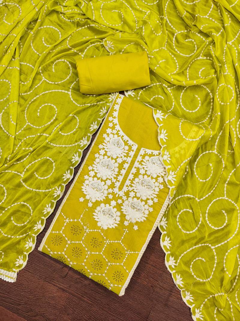 lime chanderi silk embroidered dress material