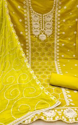 lime chanderi silk embroidered dress material 2