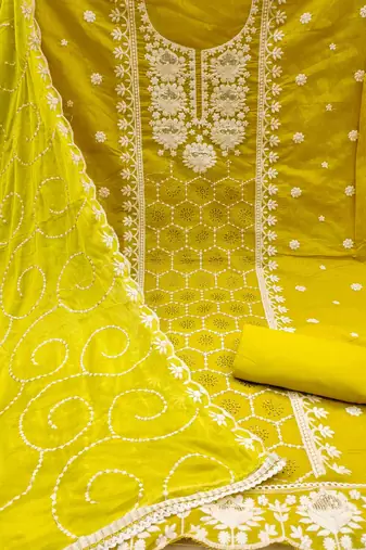 lime chanderi silk embroidered dress material