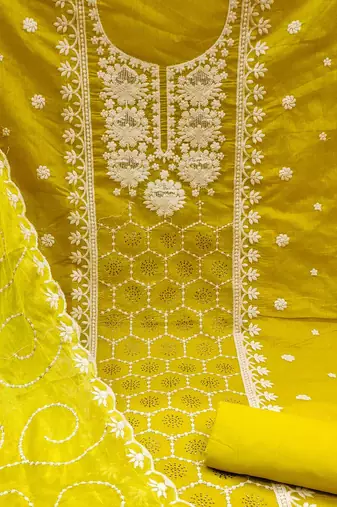 lime chanderi silk embroidered dress material