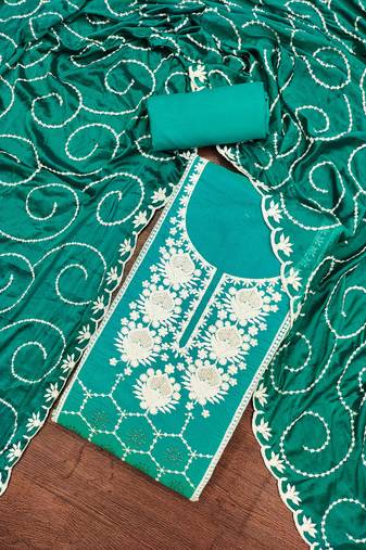 teal chanderi silk embroidered dress material