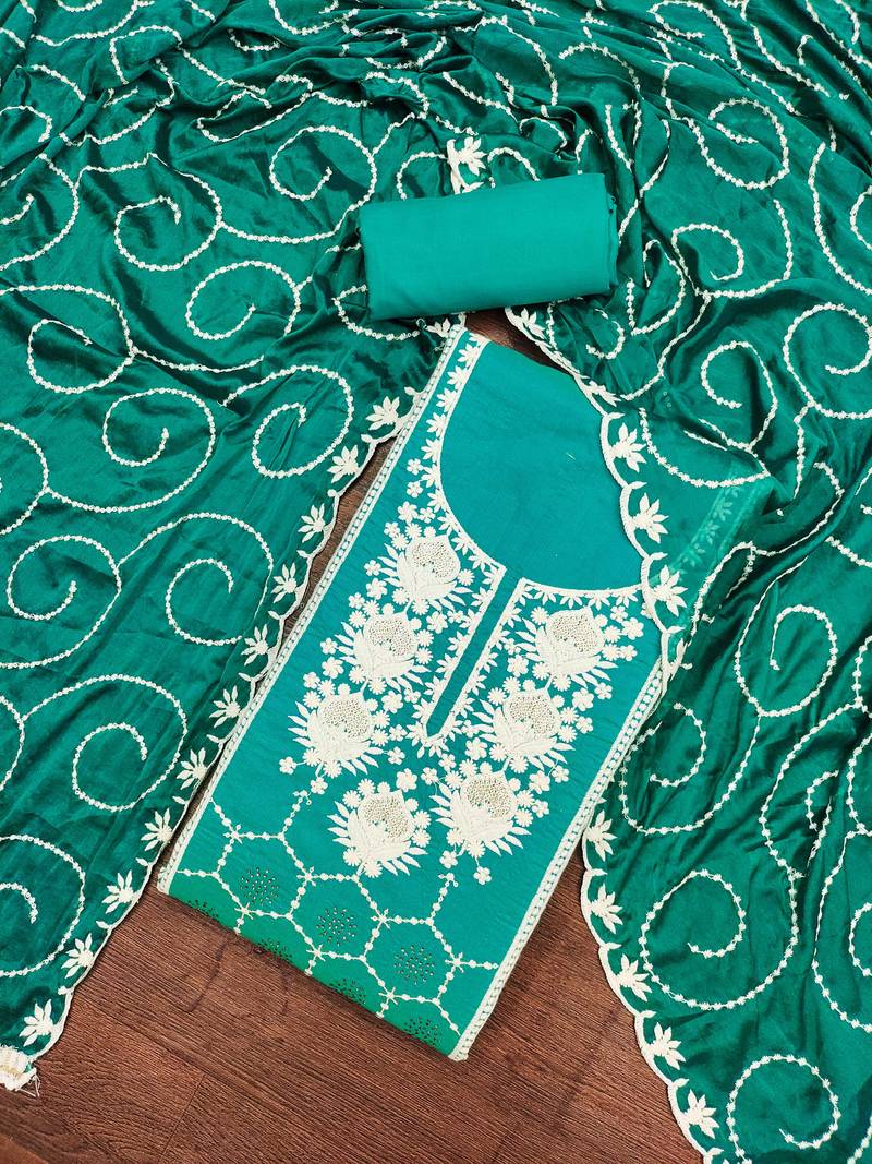 teal chanderi silk embroidered dress material