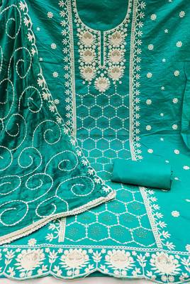 teal chanderi silk embroidered dress material 2