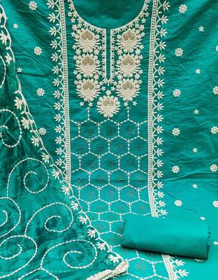 teal chanderi silk embroidered dress material 4