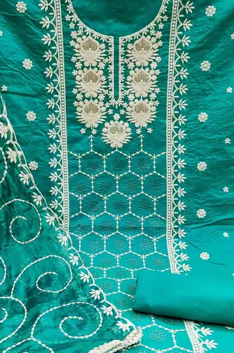 teal chanderi silk embroidered dress material