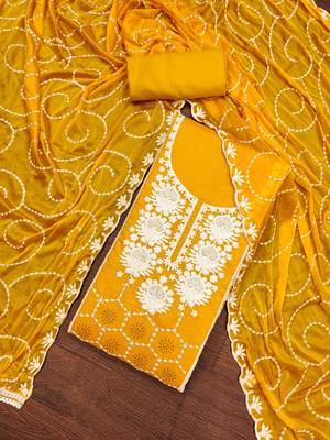 orange chanderi silk embroidered dress material 1