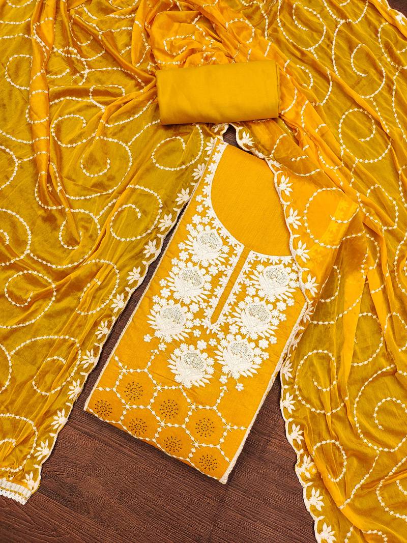 orange chanderi silk embroidered dress material