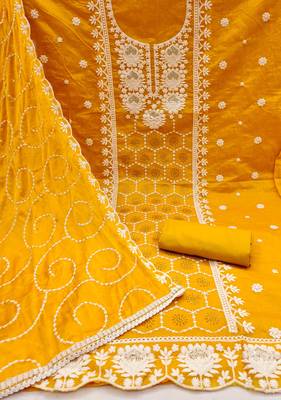 orange chanderi silk embroidered dress material 2
