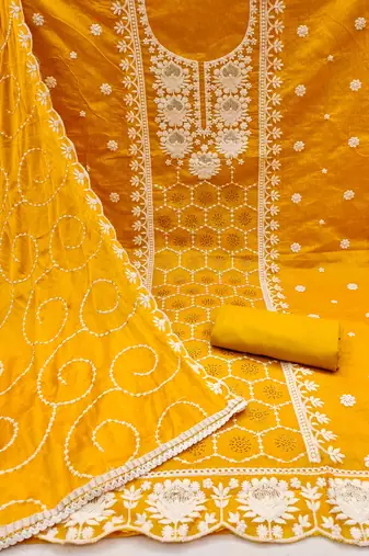 orange chanderi silk embroidered dress material