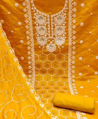 orange chanderi silk embroidered dress material 4