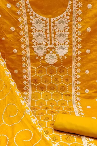 orange chanderi silk embroidered dress material
