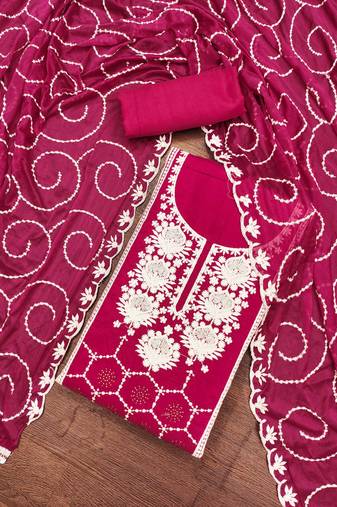 magenta chanderi silk embroidered dress material