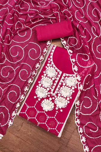 magenta chanderi silk embroidered dress material