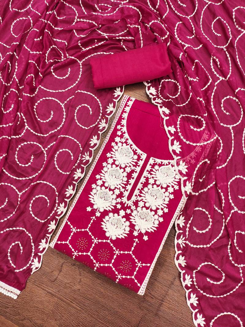 magenta chanderi silk embroidered dress material