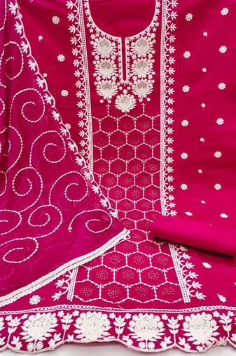 magenta chanderi silk embroidered dress material