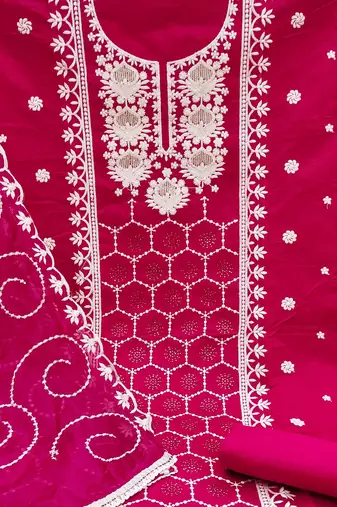 magenta chanderi silk embroidered dress material