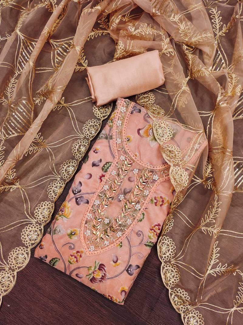 peach organza embroidered dress material