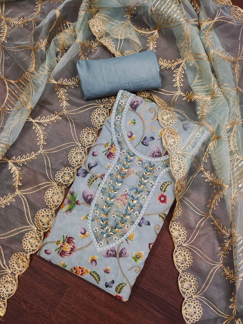 grey organza embroidered dress material