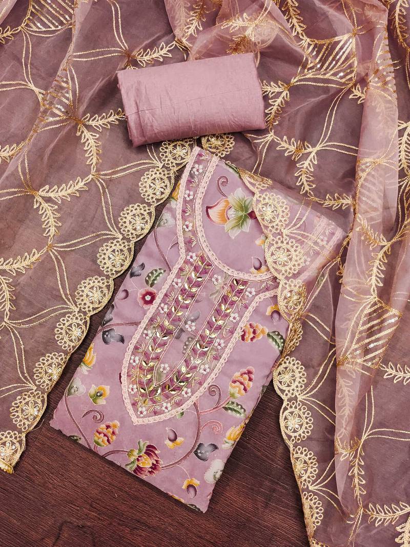 pink organza embroidered dress material