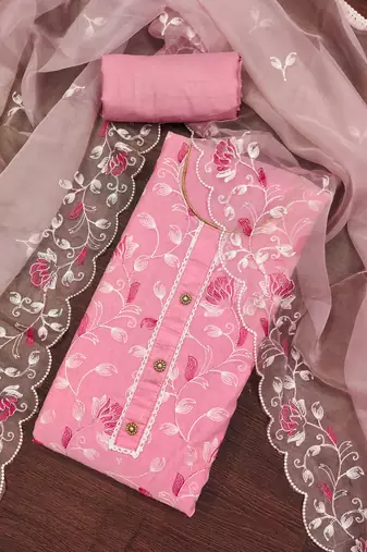 pink chanderi silk embroidered dress material
