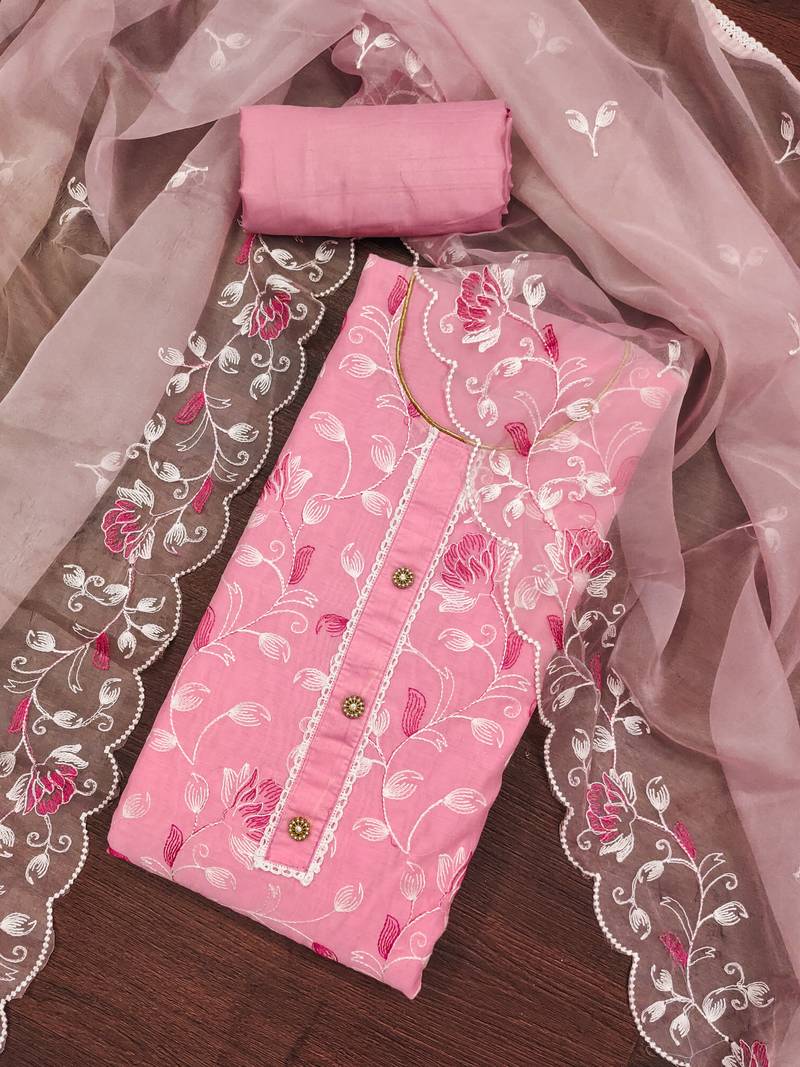 pink chanderi silk embroidered dress material