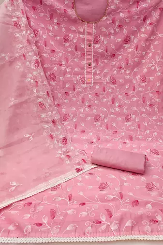 pink chanderi silk embroidered dress material