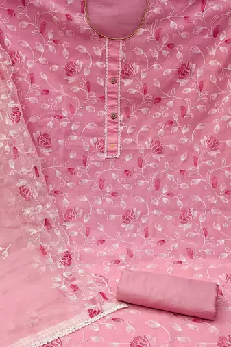 pink chanderi silk embroidered dress material