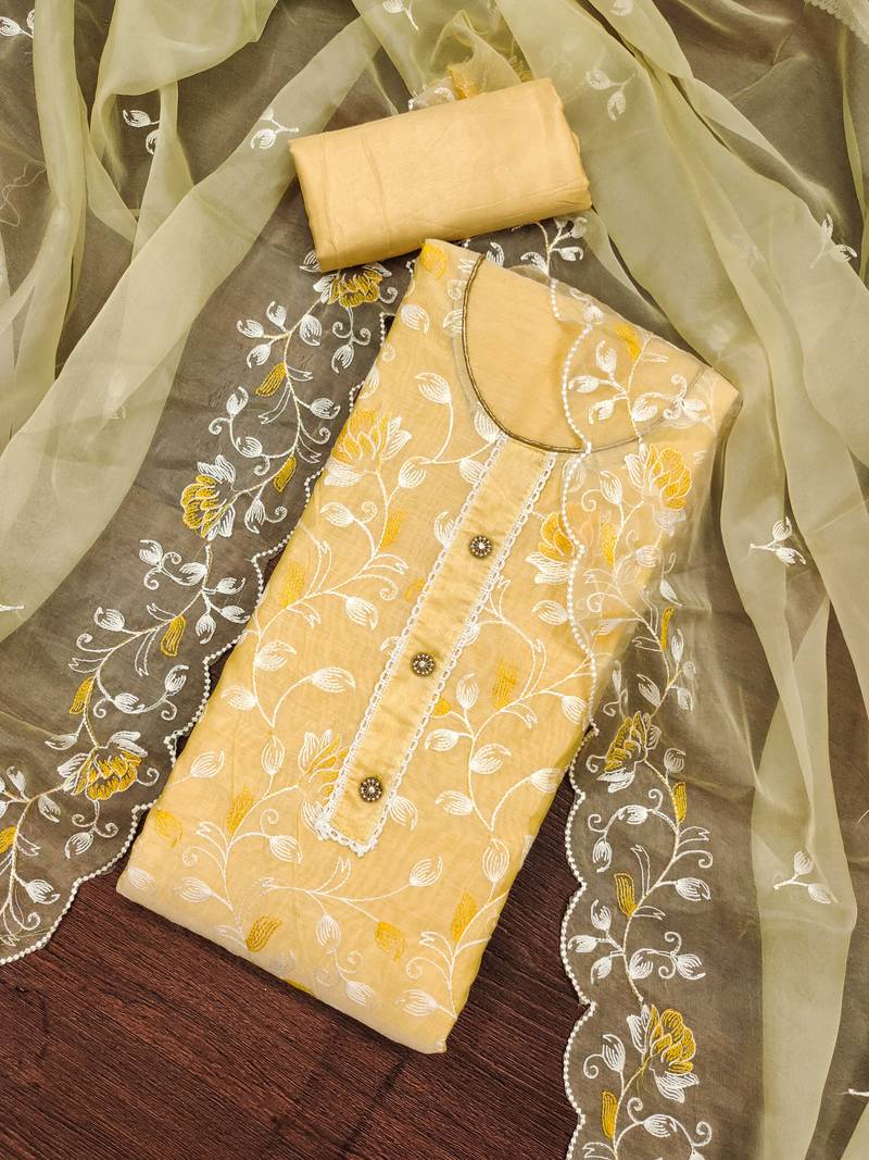 yellow chanderi silk embroidered dress material