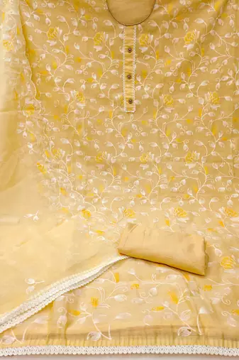 yellow chanderi silk embroidered dress material