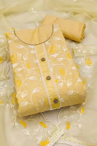 yellow chanderi silk embroidered dress material