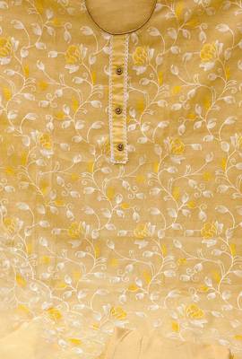 yellow chanderi silk embroidered dress material 4
