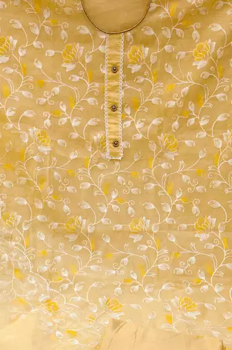 yellow chanderi silk embroidered dress material