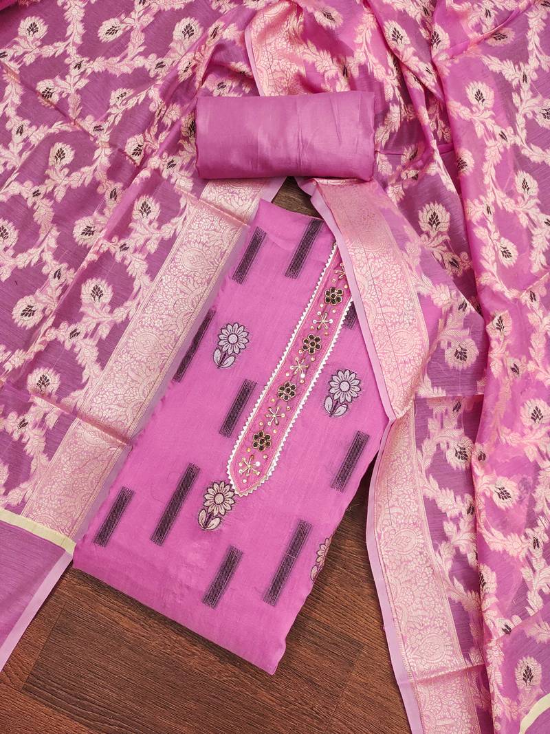 pink chanderi silk woven dress material