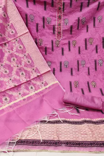 pink chanderi silk woven dress material