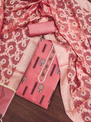 peach chanderi silk woven dress material 1