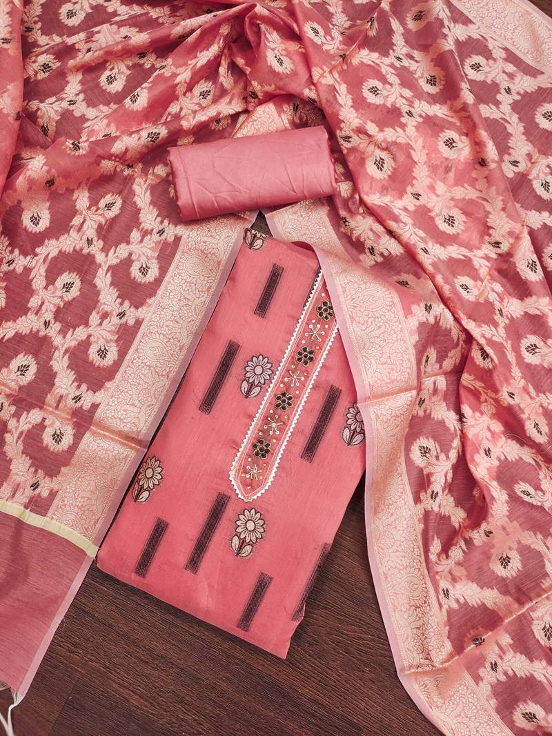peach chanderi silk woven dress material