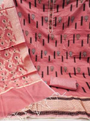 peach chanderi silk woven dress material 2