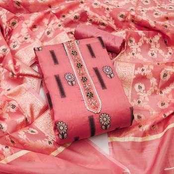 peach chanderi silk woven dress material 3